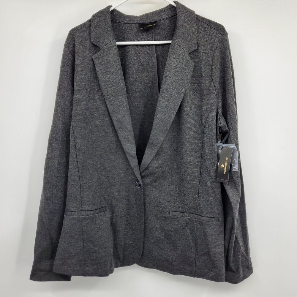 NWT Worthington Heathered Grey One Button Long Sleeve Ponte Blazer Jacket XXL Ta